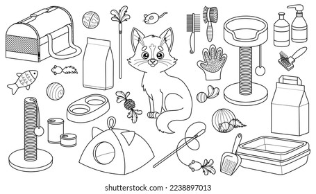 Set of outline cat goods. Products and accessories for pet shop. Food, toys, beds and other supplies for domestic animals. Coloring page for kids. Vector isolated illustrations in cartoon style.