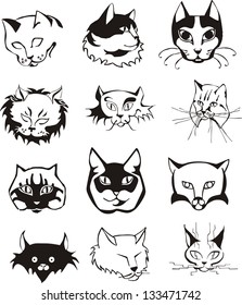 Set of outline cat heads. Black and white vector illustrations.