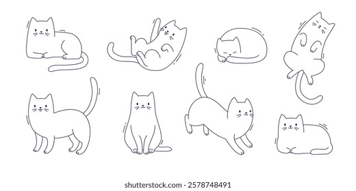 Set of outline cat poses. Cute vector sketch kitten collection. Funny cats silhouettes bundle.