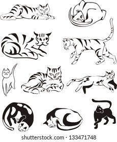 Set of outline cats. Black and white vector illustrations.