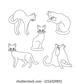 Set of outline cats. Isolated black line standing, sitting, washing, playing cat on white background. Page of coloring book.