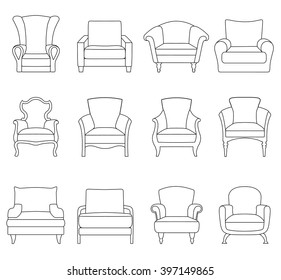 A set of outline chair isolated on white background. Armchair icon design. Vector illustration.
