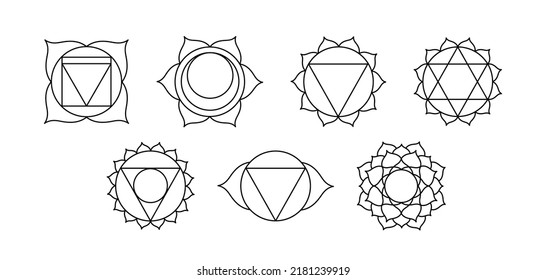 Set of outline Chakra meaning seven meditation wheel used in variety of ancient spiritual practices. Seven chakras line art symbols signs, mystical esoteric, yoga and meditation. Buddhism, Hinduism.