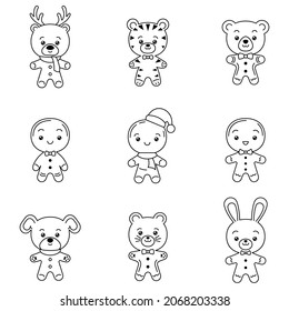 Set of outline Christmas gingerbread mans and gingerbread animals. Vector flat pattern with holiday cookie