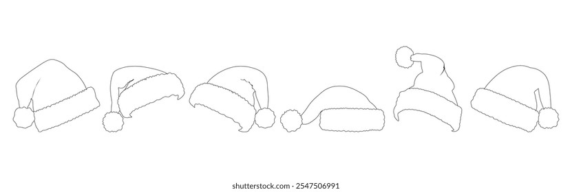 Set of outline Christmas Santa Claus hats. Hand drawn outline Santa hats.	