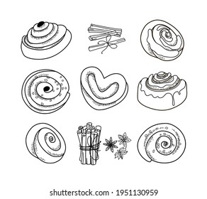 Set of outline cinnamon buns. Vector illustration.