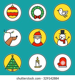 Set of outline circle icons with traditional christmas signs and symbols. Santa, reindeer, X-Mas tree, mistletoe, snowman