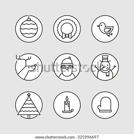 Set of outline circle icons with traditional christmas signs and symbols. Santa, reindeer, X-Mas tree, mistletoe, snowman