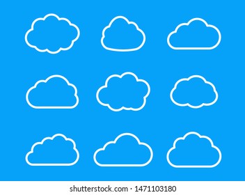 Set outline cloud icon for website, app, ui and logo. Vector cloud icons isolated on sky blue background.