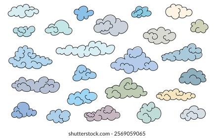 Set of outline clouds in line-art style. Simple vector illustration. 