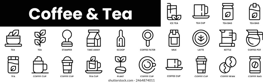 Set of outline coffee and tea icons. Minimalist thin linear web icon set. vector illustration.
