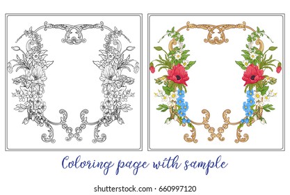 Set or outline and colored summer flowers bouquet of poppy, daff