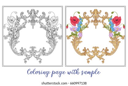 Set or outline and colored summer flowers bouquet of poppy