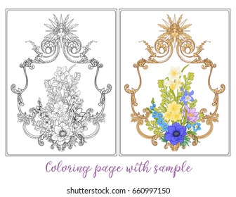 Set or outline and colored summer flowers bouquet of poppy