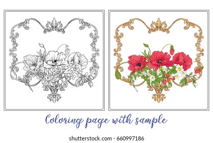Set or outline and colored summer flowers bouquet of poppy