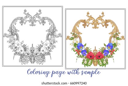 Set or outline and colored summer flowers bouquet of poppy