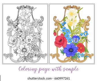 Set or outline and colored summer flowers bouquet of poppy