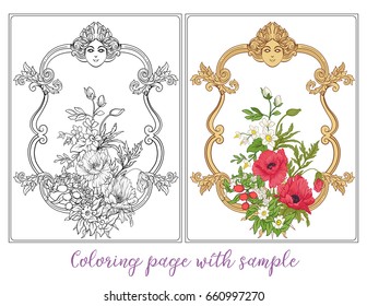 Set or outline and colored summer flowers bouquet of poppy