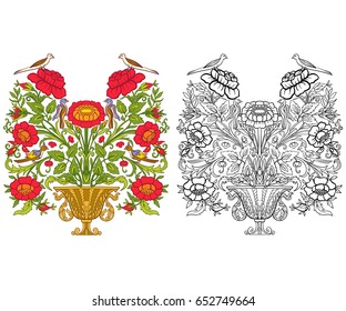 Set of outline and colored vintage flowers bouquet or pattern.