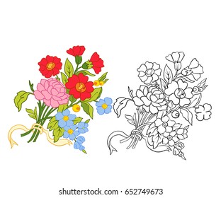 Set of outline and colored vintage flowers bouquet or pattern.