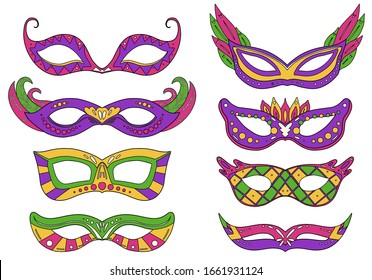 Set of outline colorful carnival masks with various decorations. Flat line art holiday object. Festival dressing for the face. Vector object separate from the background.