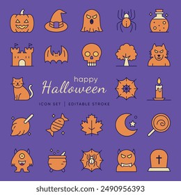 Set of outline colorful cute halloween icons. Minimalist thin linear web icon set. vector illustration.