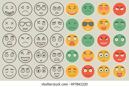 Set of outline and colorful emoticons, emoji isolated on white background. Emoticon for web site, chat, sms. Vector illustration