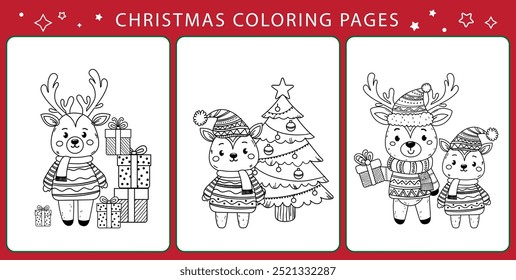 Conjunto de páginas de cores do contorno. Cartoon sorrindo rena bonito Rudolph, ursinho, lebre, árvore de Natal, gengibre casa de inverno. Ilustração vetorial colorida, livro de coloração de inverno para crianças.