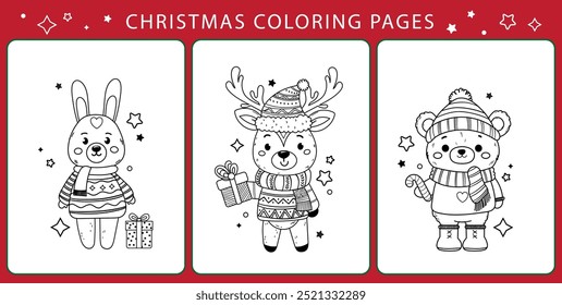 Set of outline coloring pages. Cartoon smiling cute reindeer Rudolph, teddy bear, hare, Christmas tree, gingerbread winter house. Colorful vector illustration, winter coloring book for children.