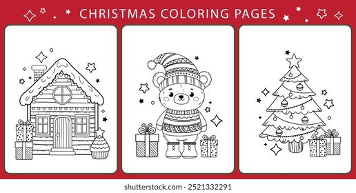 Conjunto de páginas de cores do contorno. Cartoon sorrindo rena bonito Rudolph, ursinho, lebre, árvore de Natal, gengibre casa de inverno. Ilustração vetorial colorida, livro de coloração de inverno para crianças.