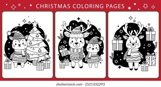 Conjunto de páginas de cores do contorno. Cartoon sorrindo rena bonito Rudolph, ursinho, lebre, árvore de Natal, gengibre casa de inverno. Ilustração vetorial colorida, livro de coloração de inverno para crianças.