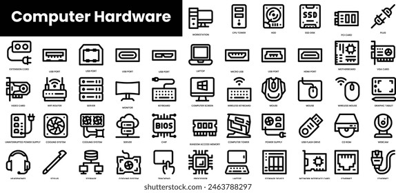 Conjunto de iconos de hardware de equipo de esquema. Conjunto de iconos de Web lineal fino minimalista. Ilustración vectorial.
