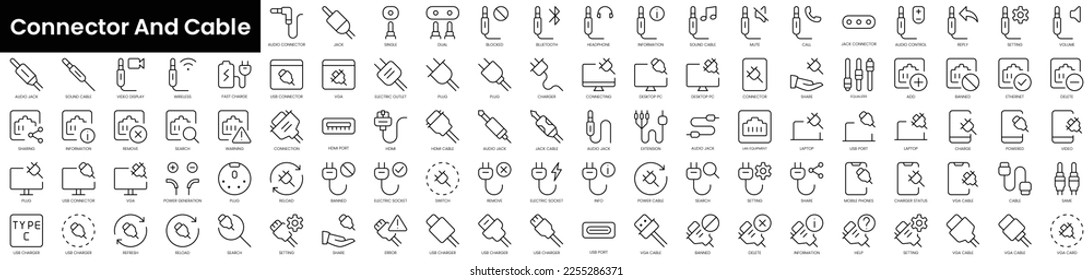 Set of outline connector and cable icons. Minimalist thin linear web icon set. vector illustration.