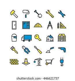 Set of outline construction and building icons. Thin linear icon for web, mobile apps design