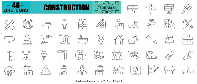 Set of outline construction icons. Construction tools, Home repair, builders and equipment symbols.