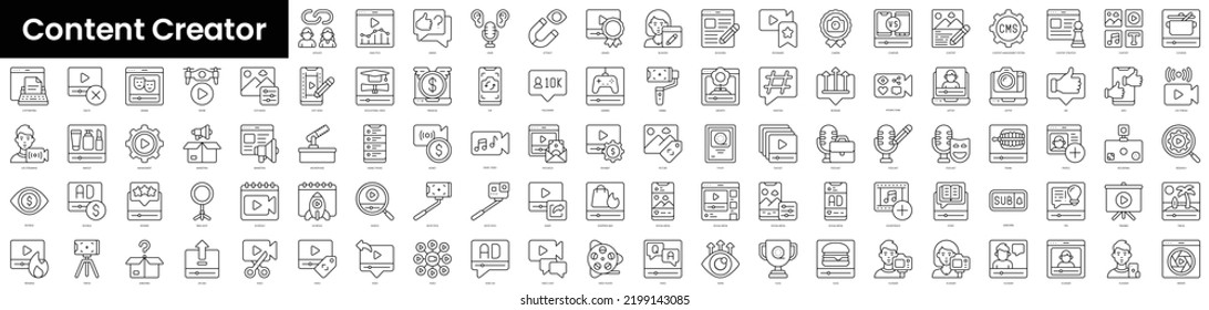 Set of outline content creator icons. Minimalist thin linear web icons bundle. vector illustration.