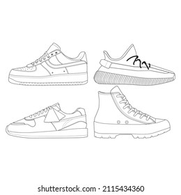 set of outline Cool Sneakers. Shoes sneaker outline drawing vector, Sneakers drawn in a sketch style, sneaker trainers template outline, Set Collection. vector Illustration.