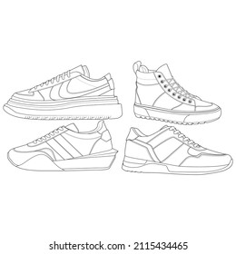 set of outline Cool Sneakers. Shoes sneaker outline drawing vector, Sneakers drawn in a sketch style, sneaker trainers template outline, Set Collection. vector Illustration.