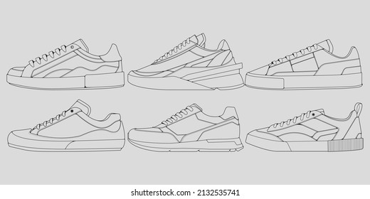 set of outline Cool Sneakers. Shoes sneaker outline drawing vector, Sneakers drawn in a sketch style, sneaker trainers template outline, Set Collection. vector Illustration.
