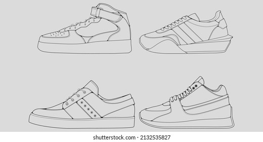Set Of Outline Cool Sneakers. Shoes Sneaker Outline Drawing Vector, Sneakers Drawn In A Sketch Style, Sneaker Trainers Template Outline, Set Collection. Vector Illustration.
