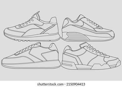 set of outline Cool Sneakers. Shoes sneaker outline drawing vector, Sneakers drawn in a sketch style, sneaker trainers template outline, Set Collection. vector Illustration.
