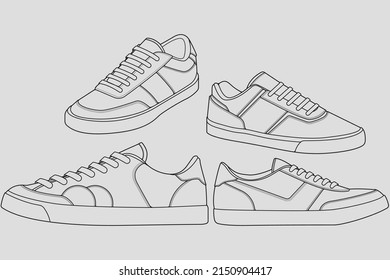 set of outline Cool Sneakers. Shoes sneaker outline drawing vector, Sneakers drawn in a sketch style, sneaker trainers template outline, Set Collection. vector Illustration.
