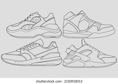 set of outline Cool Sneakers. Shoes sneaker outline drawing vector, Sneakers drawn in a sketch style, sneaker trainers template outline, Set Collection. vector Illustration.
