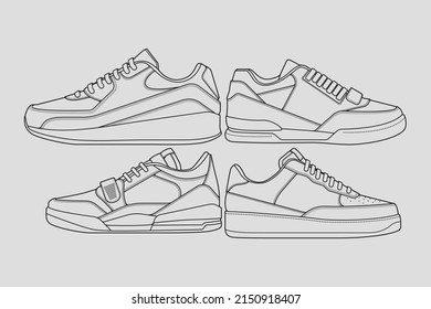 Set Of Outline Cool Sneakers. Shoes Sneaker Outline Drawing Vector, Sneakers Drawn In A Sketch Style, Sneaker Trainers Template Outline, Set Collection. Vector Illustration.
