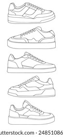 set of outline Cool Sneakers. Shoes sneaker outline drawing vector, Sneakers drawn in a sketch style, sneaker trainers template outline
