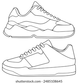 set of outline Cool Sneakers. Shoes sneaker outline drawing vector, Sneakers drawn in a sketch style, sneaker trainers template outline
