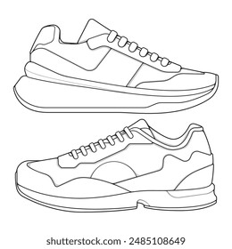 set of outline Cool Sneakers. Shoes sneaker outline drawing vector, Sneakers drawn in a sketch style, sneaker trainers template outline
