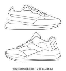 set of outline Cool Sneakers. Shoes sneaker outline drawing vector, Sneakers drawn in a sketch style, sneaker trainers template outline

