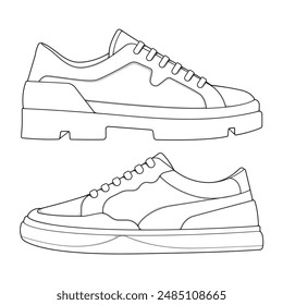 set of outline Cool Sneakers. Shoes sneaker outline drawing vector, Sneakers drawn in a sketch style, sneaker trainers template outline
