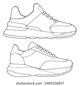 Umriss Cool Sneakers. Schuhe Sneaker Umriss Zeichnung Vektorgrafik, Sneaker im Skizzenstil gezeichnet, Sneaker Trainer Vorlage Umriss, Set Kollektion. Vektorillustration.
